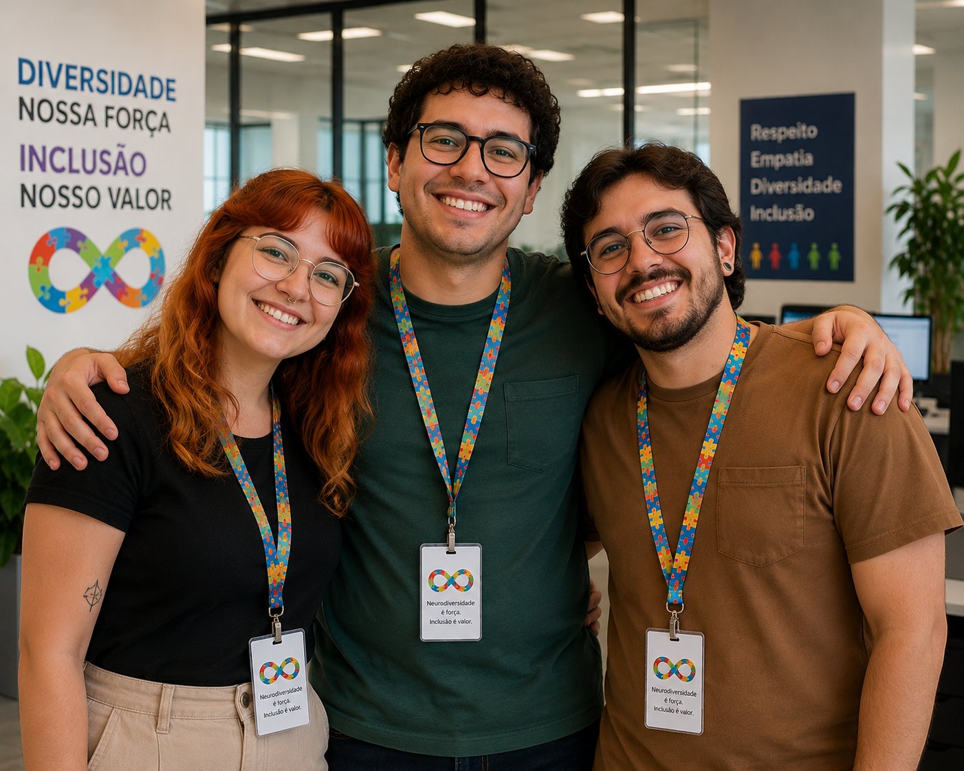 Três profissionais sorrindo com cordões de identificação diante de um painel sobre diversidade