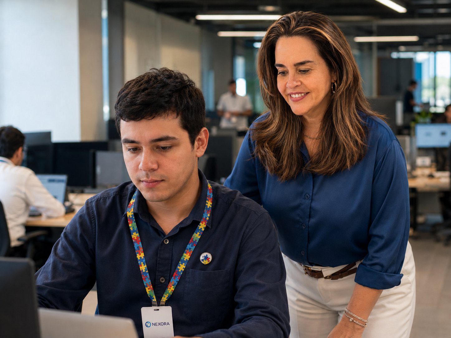 Ana Paula acompanhando um jovem colaborador em seu posto de trabalho no escritório