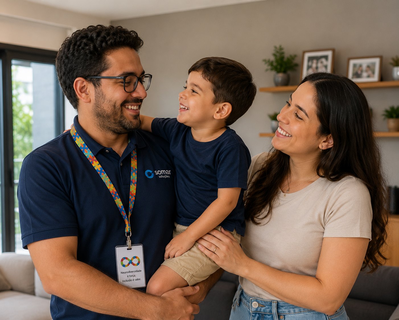 Consultor de Emprego Apoiado conversando com uma mãe e seu filho em casa