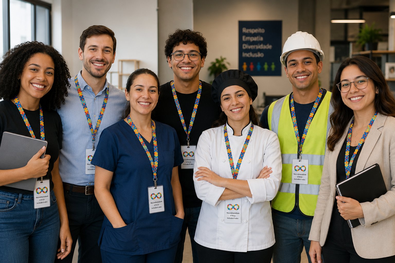 Equipe diversa de profissionais de diferentes áreas usando cordões de neurodiversidade